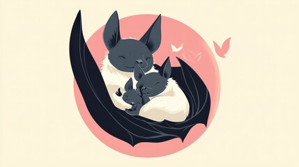 Fototapeta premium Minimalist vector illustration of a bat caring for its pups on a transparent background, using basic shapes and low detail, with a pastel-colored background