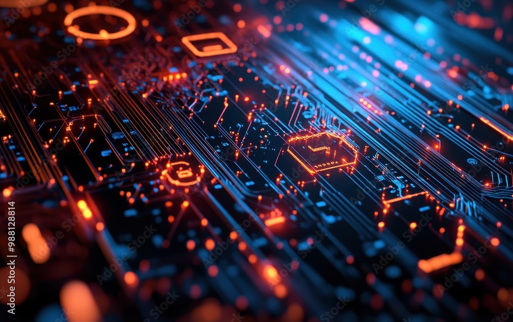 Poster abstract circuit board with glowing red and blue lines - technology background