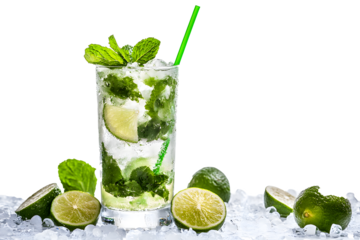 A refreshing mojito with bright green mint leaves, with transparent background, PNG file
