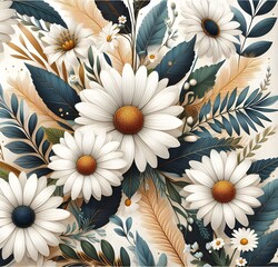 abstract floral background with white daisies, background illustration, template for wallpaper, fabric,packaging