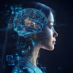 Obraz premium Businesswoman pensive profile portrait, digital hologram with brain hud and different digital icons. Concept of technology and machine learning