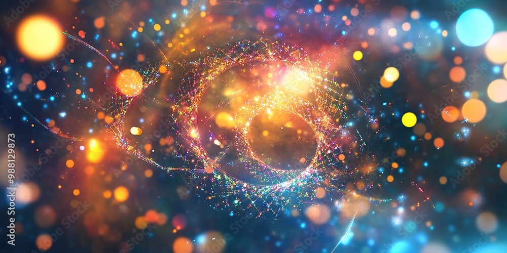Poster digital background featuring quantum elements, glowing particles and abstract shapes