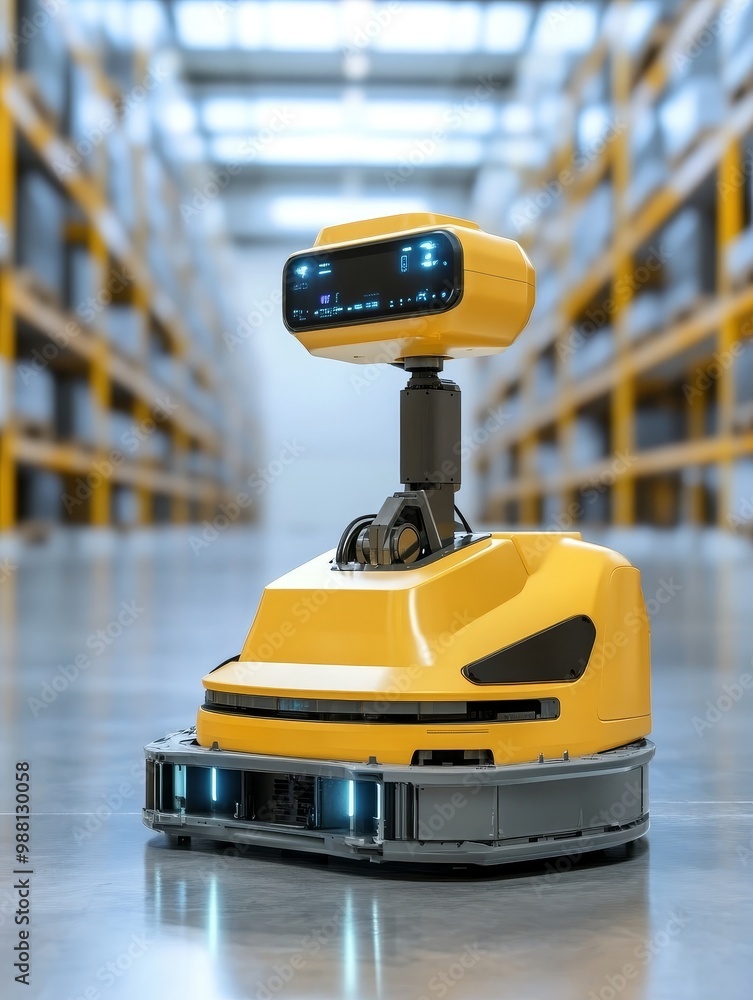 Poster a yellow autonomous robot moves through a modern warehouse, showcasing the efficiency and automation