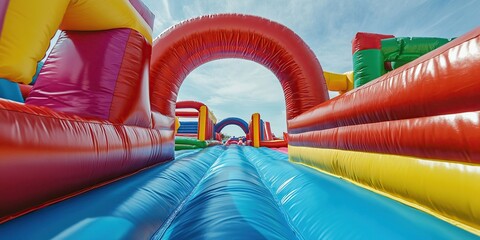 Inflatable bouncy castle tunnel run, viewed from the side of one end with sky in the background