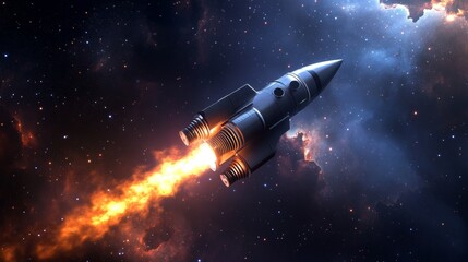 A futuristic rocket ship blazes through a vibrant nebula, symbolizing space travel, exploration, technology, and the beauty of the universe.