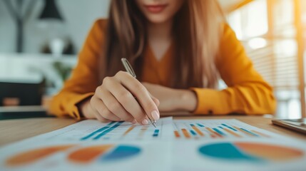Fototapeta premium Businesswoman Analyzing Data with Charts and Graphs