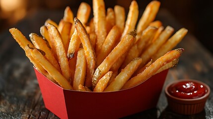 A serving of golden, crunchy French fries in a red paper carton, their crispy edges shining under warm lights, paired with ketchup in a small dish. The background is softly blurred,