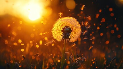 Dandelion flower in field at sunset