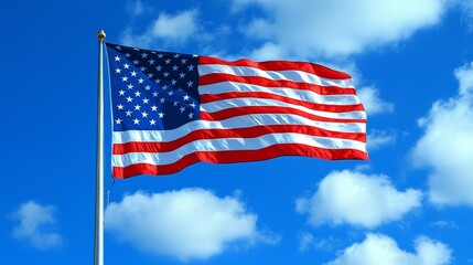 Obraz premium American Flag Waving in Blue Sky with Clouds