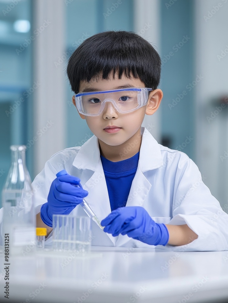 Poster a young scientist in a lab coat and safety goggles conducts an experiment with a dropper and test tu