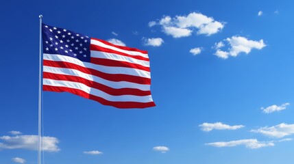 American Flag Waving in Blue Sky with Clouds