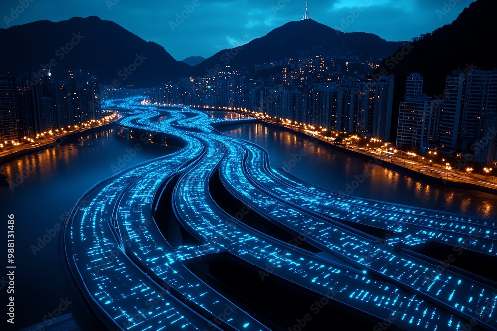 Poster a cityscape at night with glowing data streams, representing the concept of a connected smart city