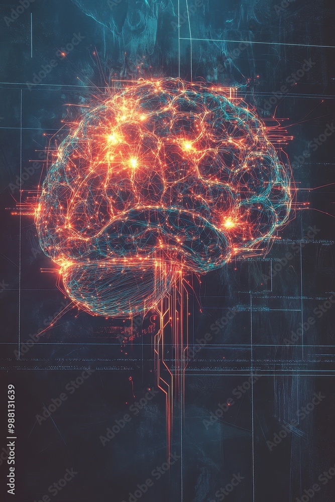 Poster abstract digital brain network - glowing lines and sparks - artificial intelligence, technology, and