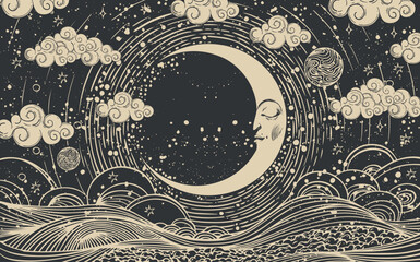 Celestial astrological moon chart with face, vector crescent moon esoteric zodiac poster, horoscope, tarot. Universe creation with clouds, stars and sun. © Salomi art