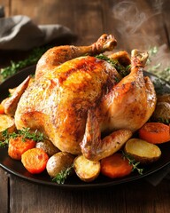 Roasted chicken with vegetables on wooden table