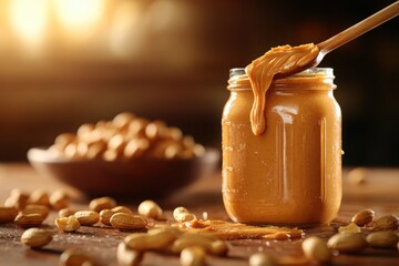 Peanut butter jar with spoon and peanuts