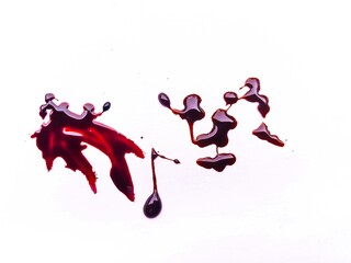 red blood drops on the floor, blood isolated white background, concept of splatter blood, murder bloody, splash, splatter of real bloody .Clipping path, healthcare and medicare.