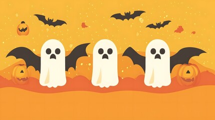Minimalist Halloween vector design featuring ghost, bat, and pumpkin icons in bold, contrasting colors. Clean and modern illustration with sharp lines for Halloween decor and design projects