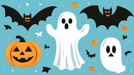 Minimalist Halloween vector design featuring ghost, bat, and pumpkin icons in bold, contrasting colors. Clean and modern illustration with sharp lines for Halloween decor and design projects