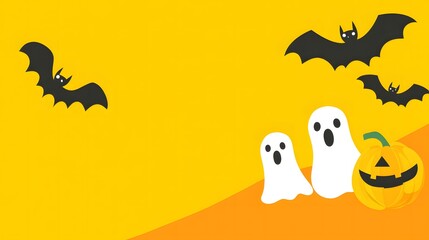 Minimalist Halloween vector design featuring ghost, bat, and pumpkin icons in bold, contrasting colors. Clean and modern illustration with sharp lines for Halloween decor and design projects