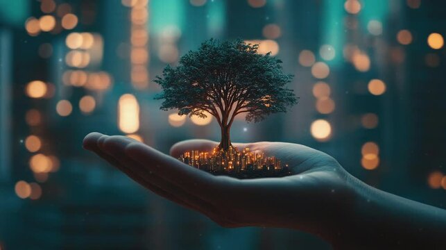A tree of life is floating on the human's palm in futuristics concept with city background. World Environment Day.