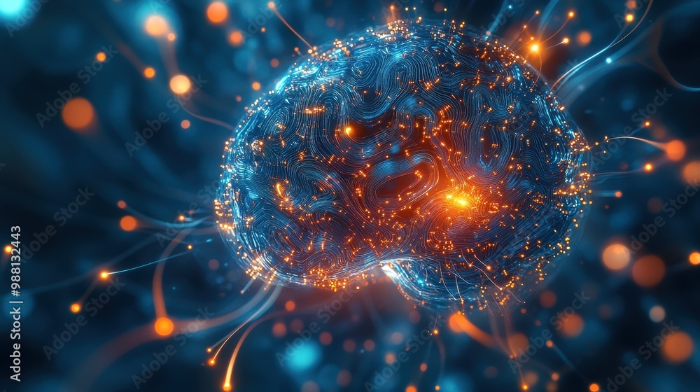 Aufkleber abstract brain with glowing lines and bokeh lights - artificial intelligence concept.