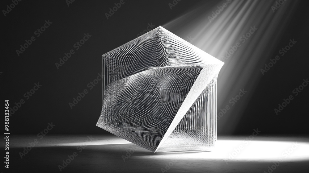 Poster abstract geometric wire sculpture casting shadows on a clean minimalistic background in studio light