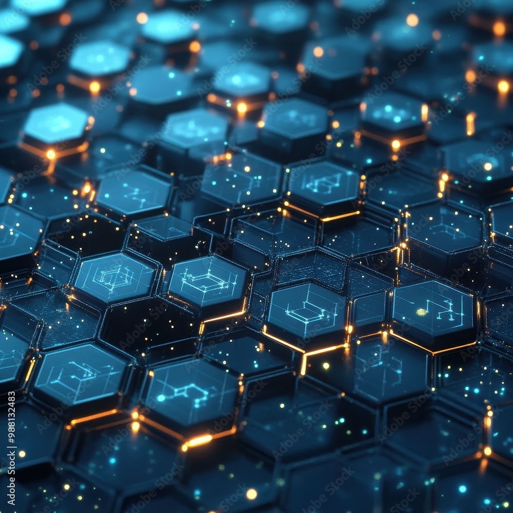 Poster abstract technology background with glowing hexagon pattern, blue and orange color scheme, futuristi