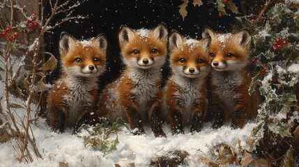 Cute Red Fox Kits In Snow With Holly Berries