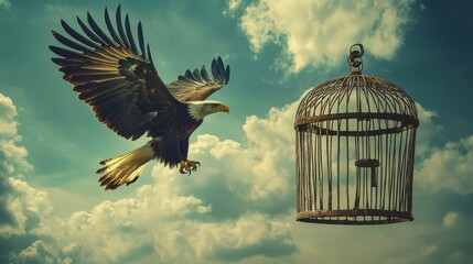 Fototapeta premium Bald Eagle Soaring Towards Freedom, Leaving Behind a Rusty Cage in the Sky