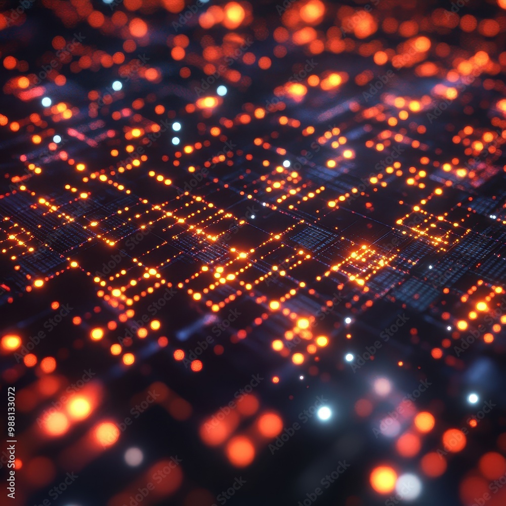 Poster abstract red and blue bokeh lights on a dark background - technology and network concept.