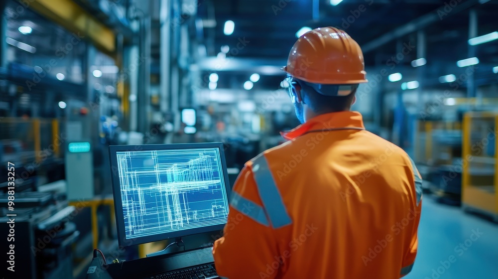 Poster industrial worker monitoring production data on computer