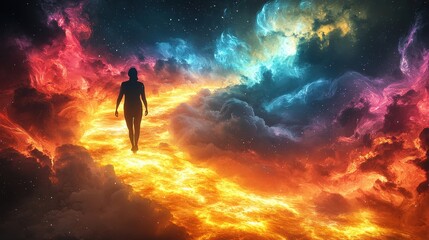 Silhouette of a Person Walking on a Path of Fire and Light in a Cosmic Sky