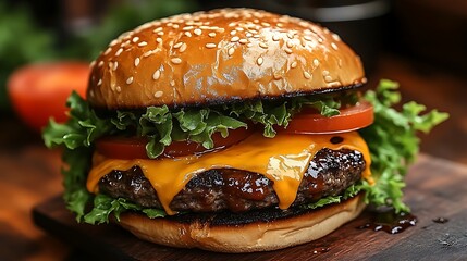 Extreme close-up of a mouthwatering burger, showcasing melted cheese dripping over a juicy patty, fresh lettuce and tomato, framed by a sesame seed bun.