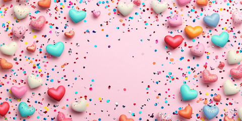 Colorful candy hearts and confetti create fun and festive background, perfect for celebrations and special occasions. vibrant hues and playful arrangement evoke joy and excitement