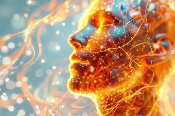 Obraz premium Biotechnological Visions, a portrait showcasing a figure enveloped by abstract forms and luminous elements, embodying the essence of future biotechnology concepts.