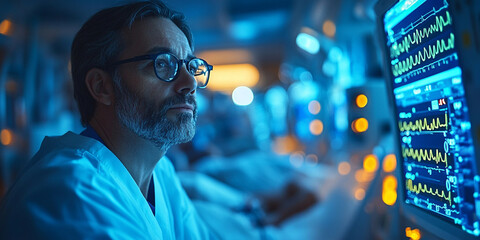 healthcare professional monitors patients vitals with focused attention, surrounded by advanced medical equipment in dimly lit environment. atmosphere conveys sense of urgency and care