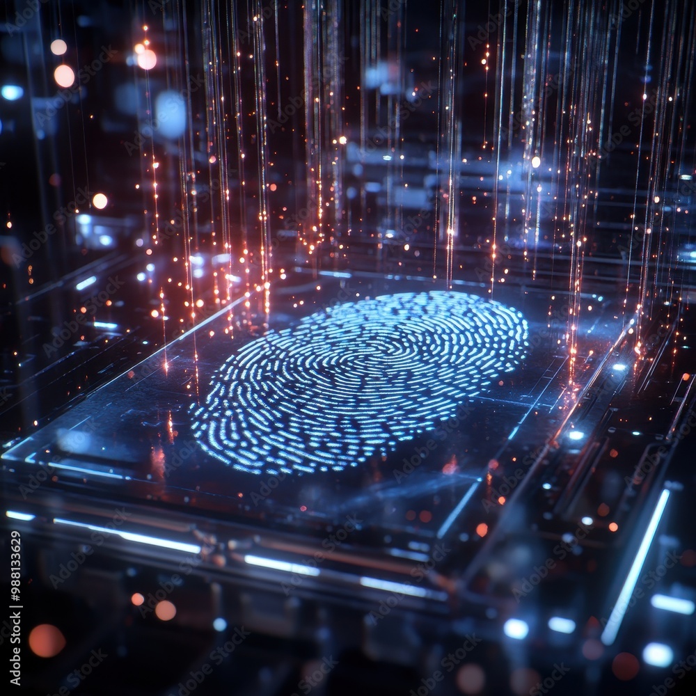 Poster futuristic digital fingerprint scanner with glowing lights and data streams.