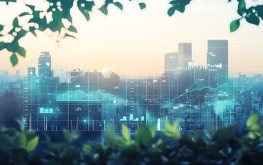 Digital Interface Displaying Real-Time Sustainability Data and Urban Landscape