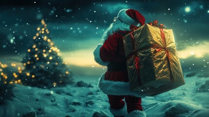 Santa Claus carrying huge christmas gifts at night