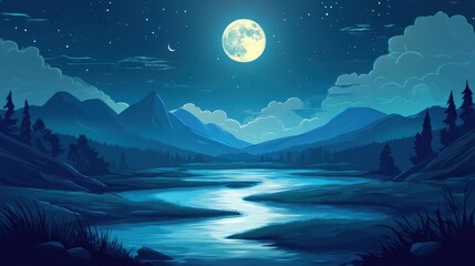 Naklejka premium Serene Nighttime Landscape with Mountains, River, Full Moon, and Stars.
