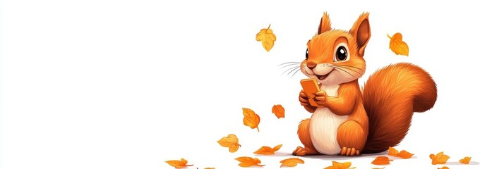 A cute cartoon squirrel sits on a white background with fallen leaves around it, smiling and holding a smartphone, symbolizing technology, nature, autumn, cuteness, and joy.