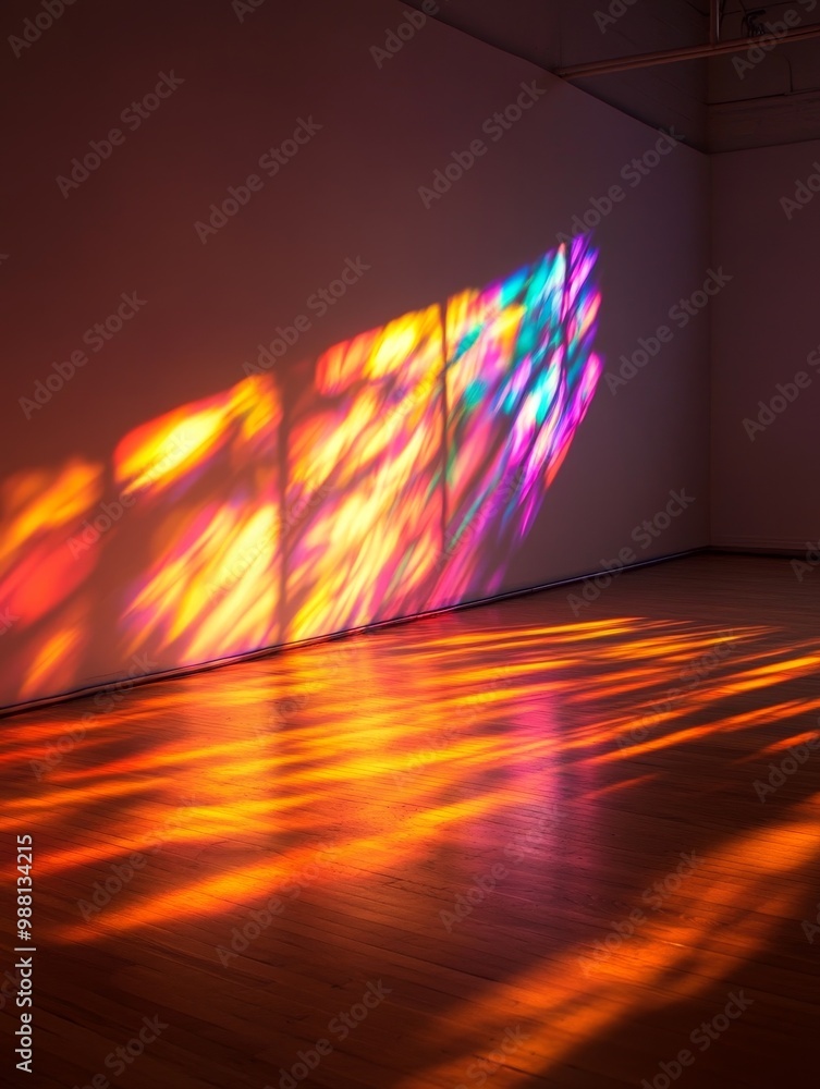 Poster abstract light patterns from a stained glass window cast vibrant colors on a white wall, creating a 