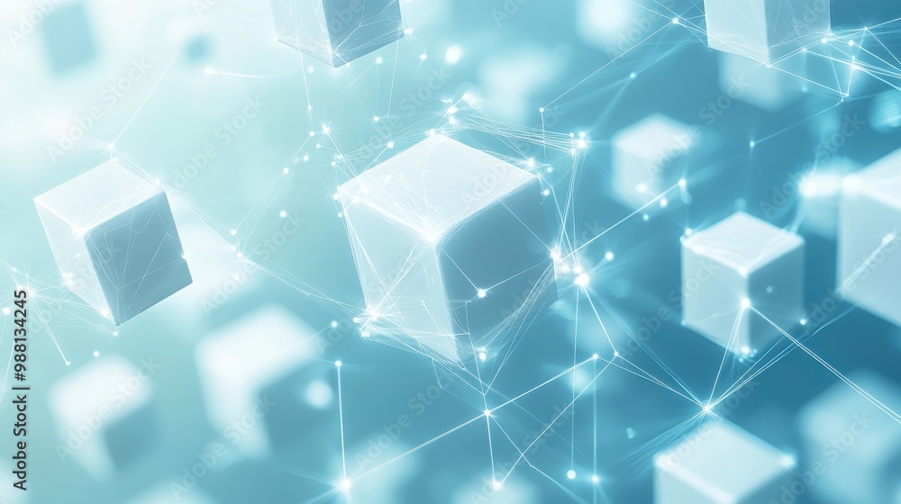 Poster abstract blue background with cubes and connected lines.