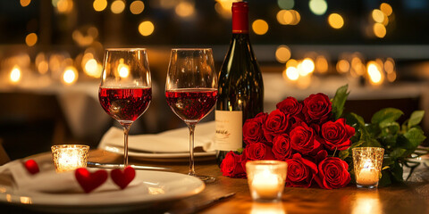 romantic dinner table set with candles, wine, and bouquet of red roses creates intimate atmosphere perfect for special occasion. soft glow of candlelight enhances mood, making it ideal for couples