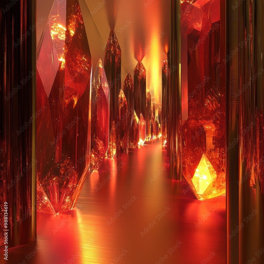 Poster abstract 3d rendering of a corridor lined with glowing orange crystals.