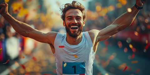 runner crossing finish line in race, celebrating with joy and excitement. atmosphere is filled with confetti, capturing triumphant moment of victory