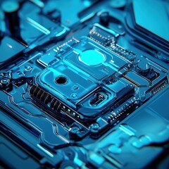 Abstract Close-up of a Blue Metallic Circuit Board with a Gleaming Surface