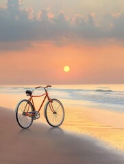 A classic bicycle sits on a sandy beach at sunset, symbolizing adventure, freedom, relaxation, and the beauty of nature. The golden light of the setting sun casts a warm glow on the scene.