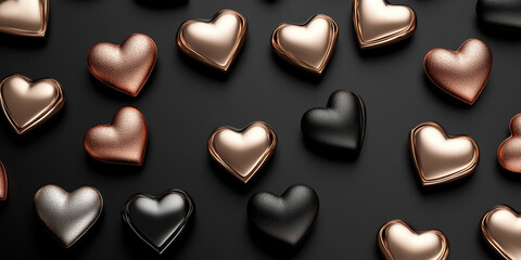 Fototapeta premium sleek and modern Valentines Day background featuring metallic hearts in various colors, including gold, silver, and black, creates romantic and elegant atmosphere
